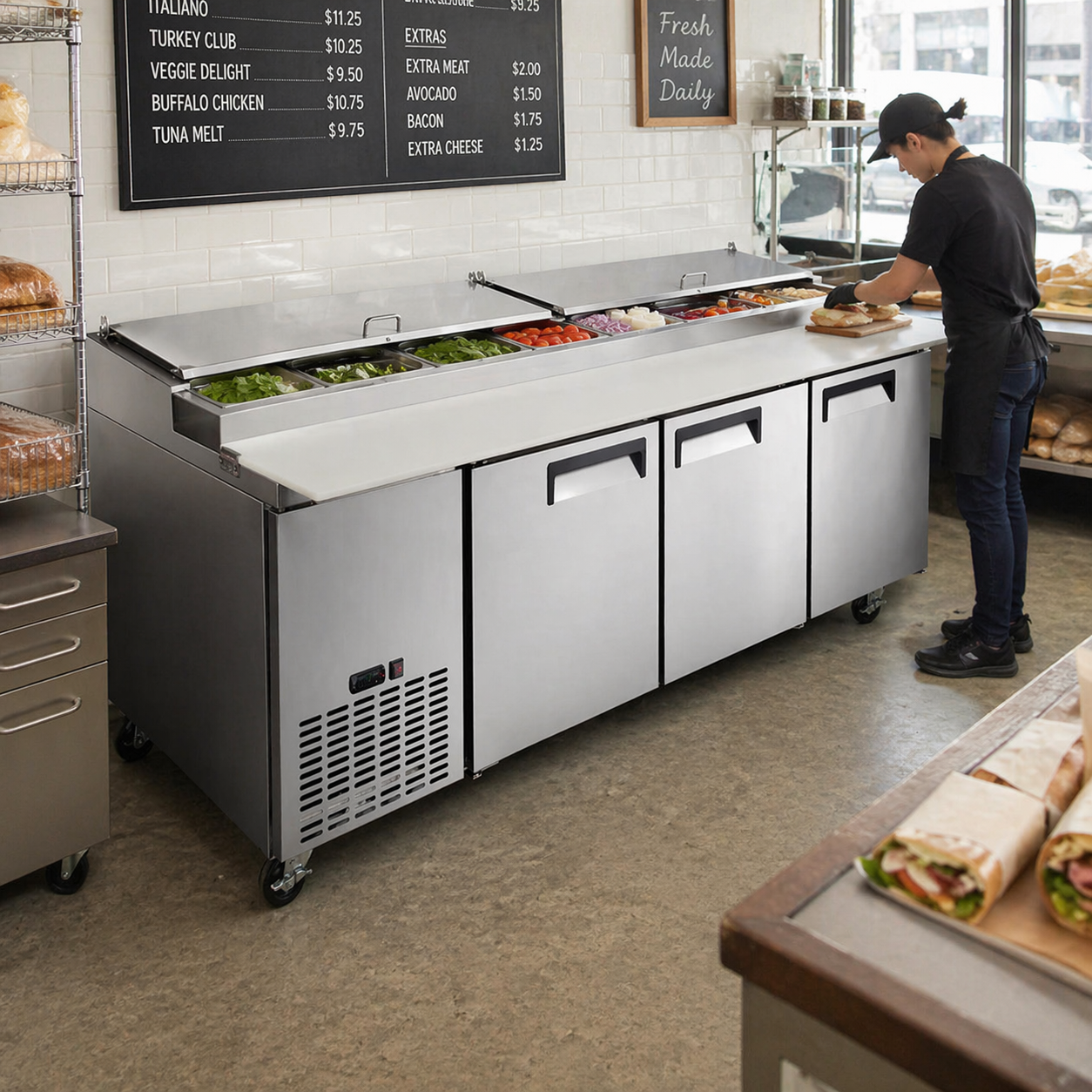 Admiral Craft U-Star Refrigerated Pizza Prep Table, Three Solid Doors, 26.6 cu ft Capacity, in Stainless Steel USPZ-3D