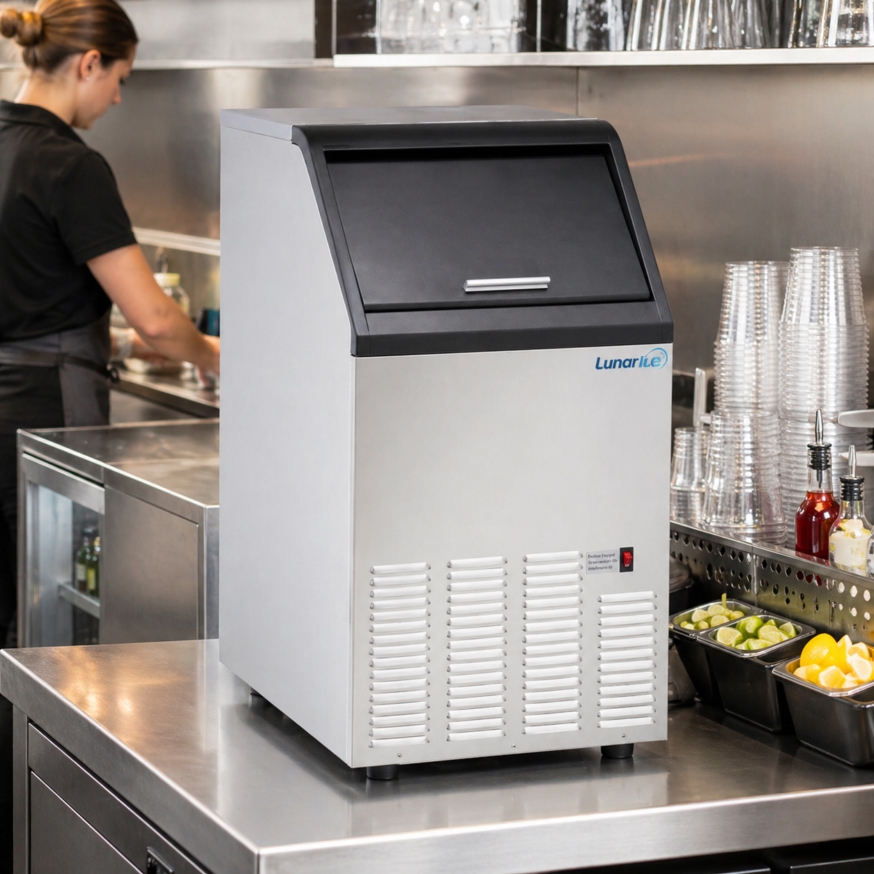 Admiral Craft Lunar Ice Self-Contained Ice Machine, in Stainless Steel with Black Trim LUIM-75