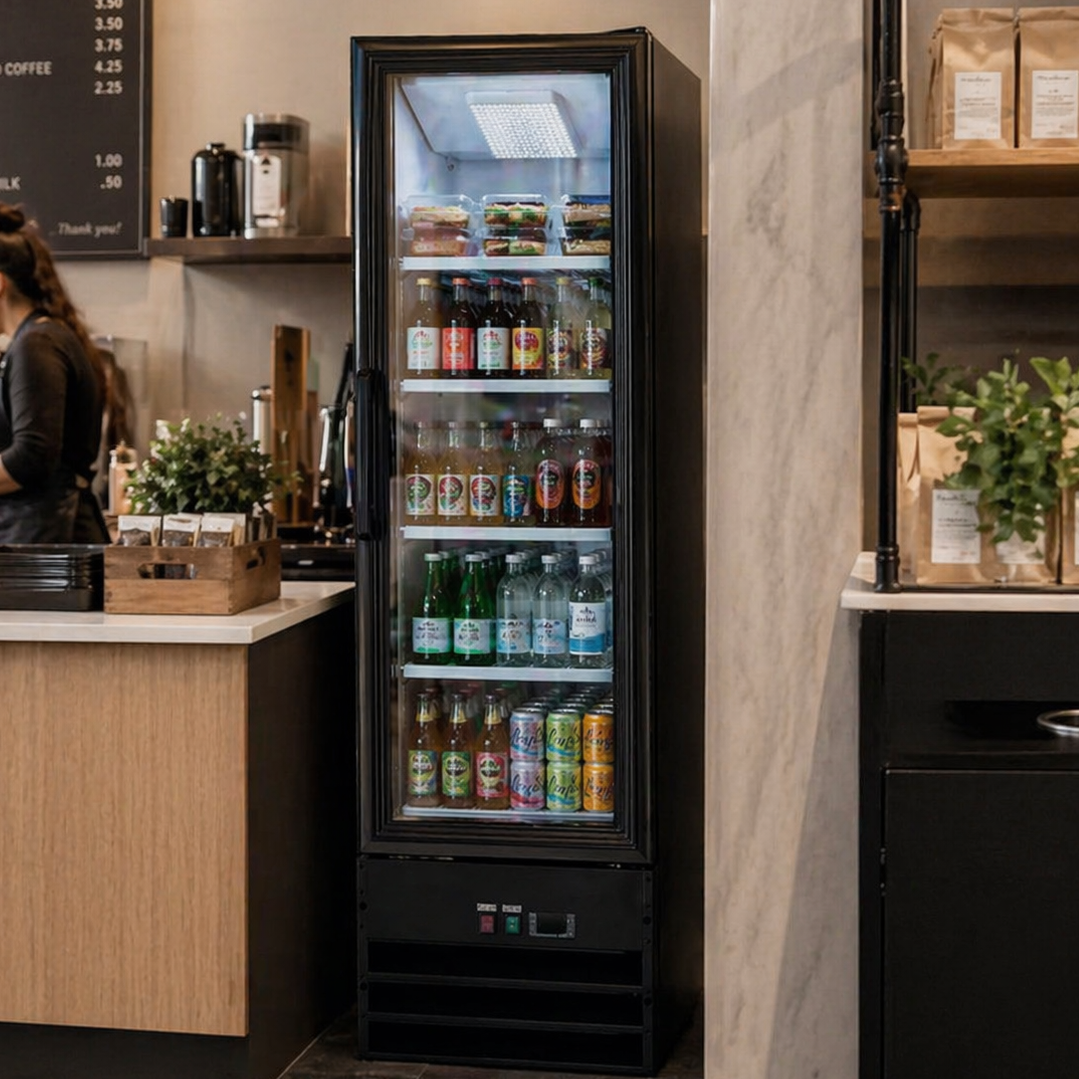 Admiral Craft U-Star Merchandiser Refrigerator, Single Swing Glass Door, 8.5 cu ft Capacity, in Black USRFS-1D/22