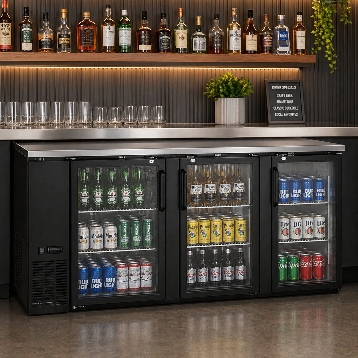 Admiral Craft U-Star 3 Glass Door Back Bar Cooler, in Black USBB-9028G