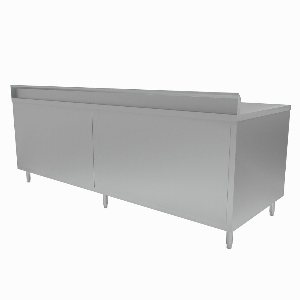 BK Resources CSTR5-3684S 36" x 84" Cabinet Base Stainless Steel Top Chef Table with Sliding Door and 5" Backsplash