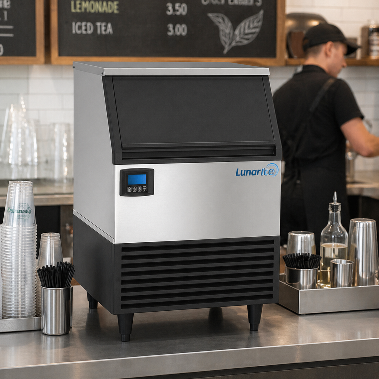 Admiral Craft Lunar Ice Self-Contained Ice Machine, in Stainless Steel with Black Trim LUIM-260