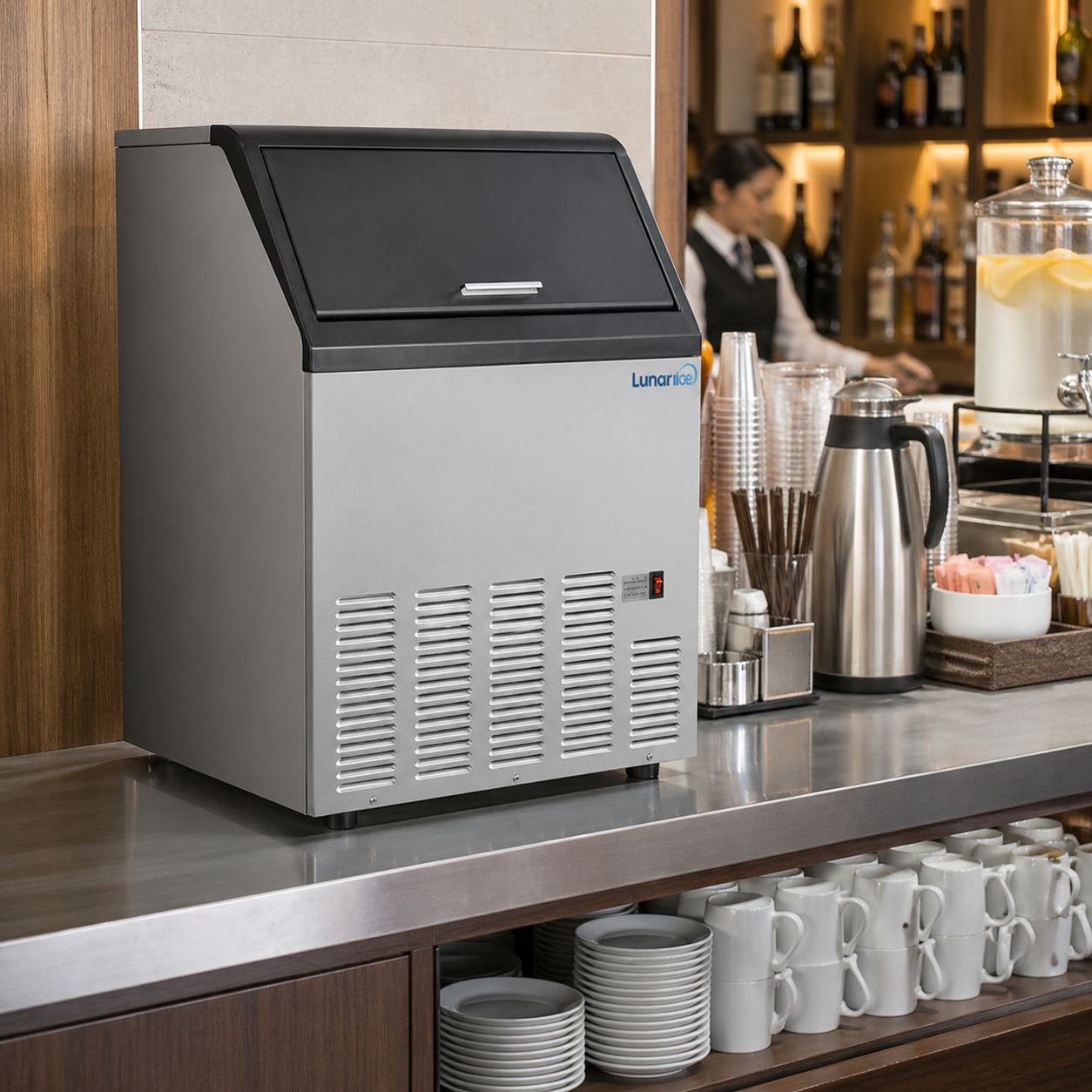 Admiral Craft Lunar Ice Self-Contained Ice Machine, in Stainless Steel with Black Trim LUIM-120