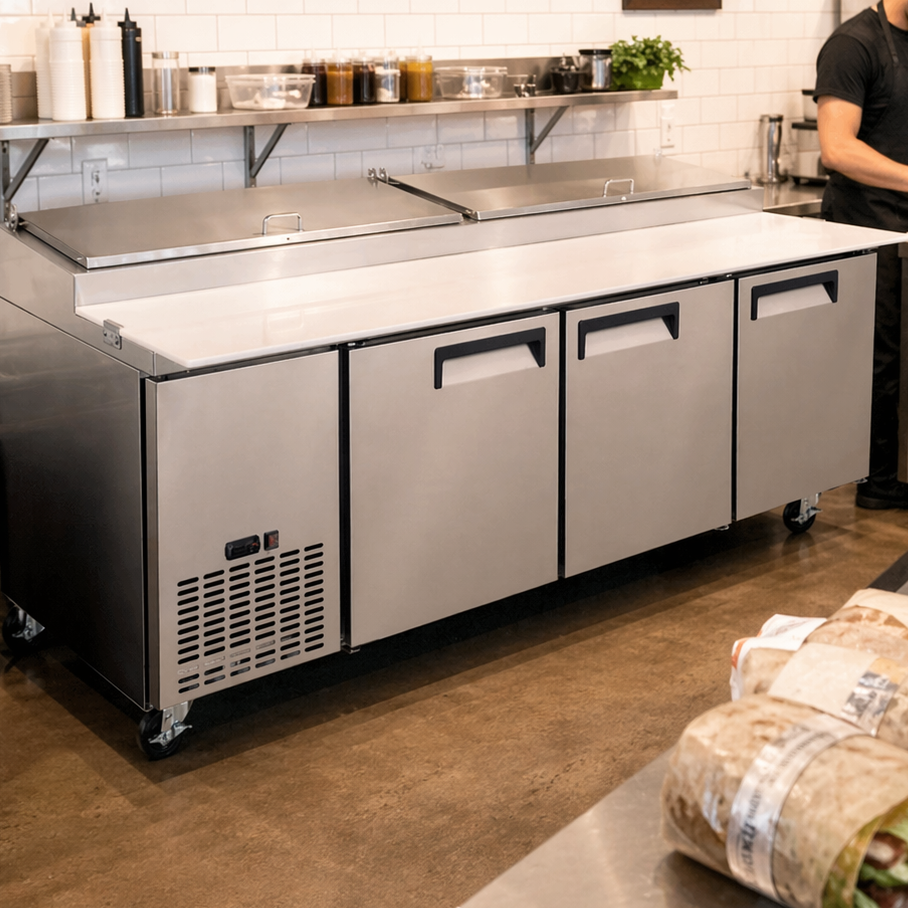 Admiral Craft Grista Refrigerated Pizza Prep Table, 3 Solid Doors, 26.6 cu ft Capacity, in Stainless Steel GRPZ-3D