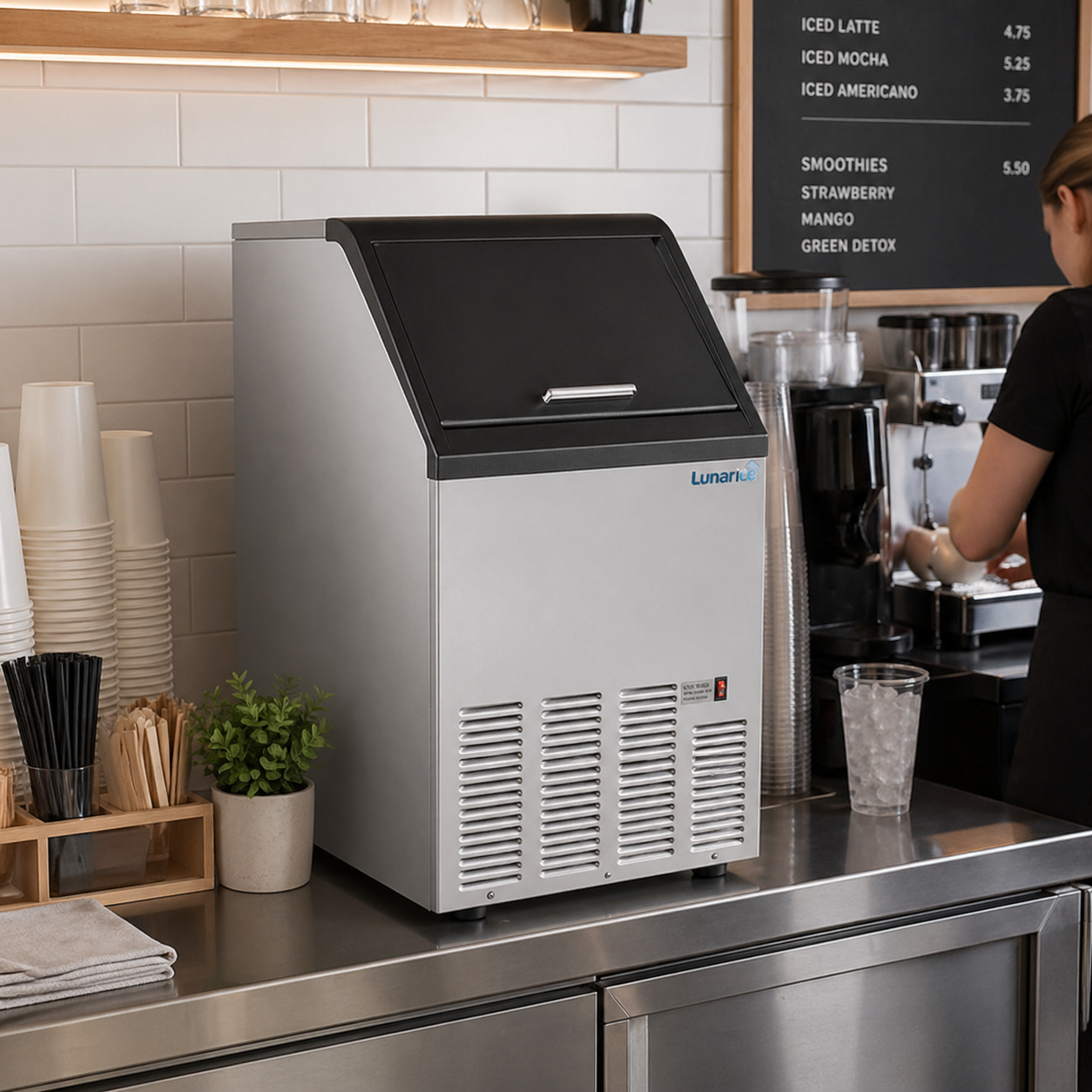 Admiral Craft Lunar Ice Self-Contained Ice Machine, in Stainless Steel with Black Trim LUIM-80