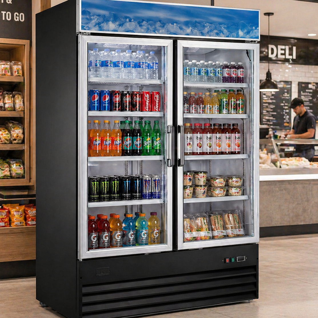 Admiral Craft U-Star Merchandiser Refrigerator, Double Swing Glass Doors, 39.9 cu ft Capacity, in Black USRFS-2D/54